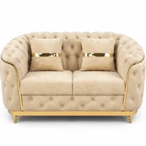 Luxury Mosha Velvet 2 Seater Chesterfield Sofa with Gold Finish Base | Premium Wedding & Event Sofa